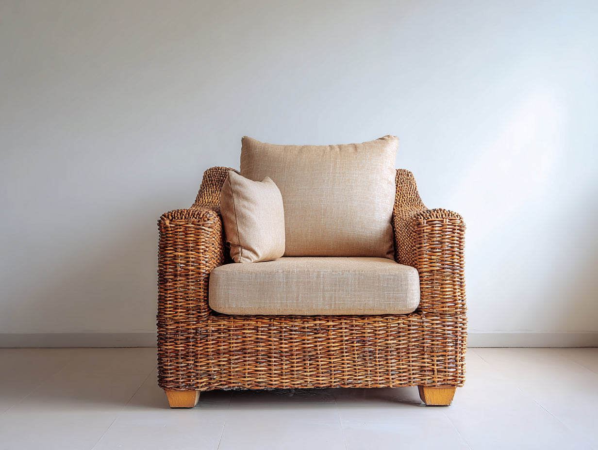 Fauteuil en rotin - Rotin-Tissu-Bois - 88 x 84 x 85 cm - Cognac-Beige clair - Style artisanal