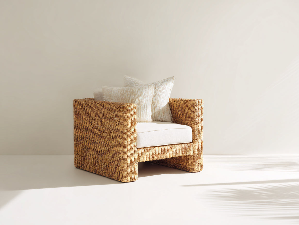 Fauteuil en rotin - Rotin-Tissu - 84 x 82 x 78 cm - Miel-Écru - Style minimaliste