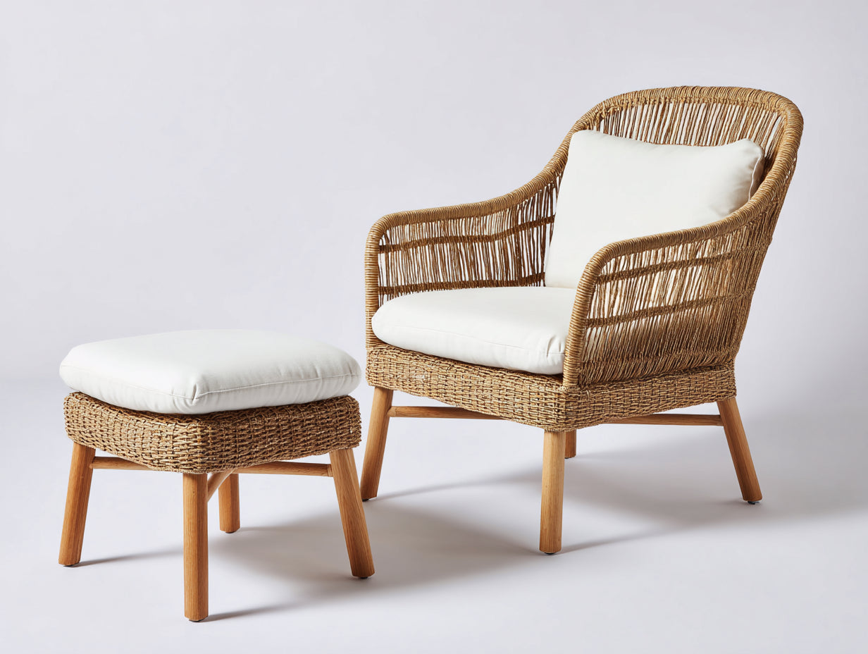 Fauteuil en rotin - Rotin-Tissu-Bois - 76 x 79 x 91 cm - Naturel-Blanc - Style bohème