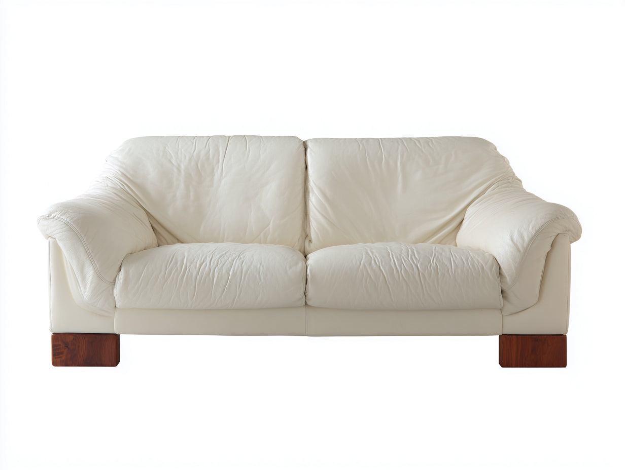 Canapé 2 places - Cuir-Bois - 188 x 97 x 85 cm - Blanc cassé - Style contemporain