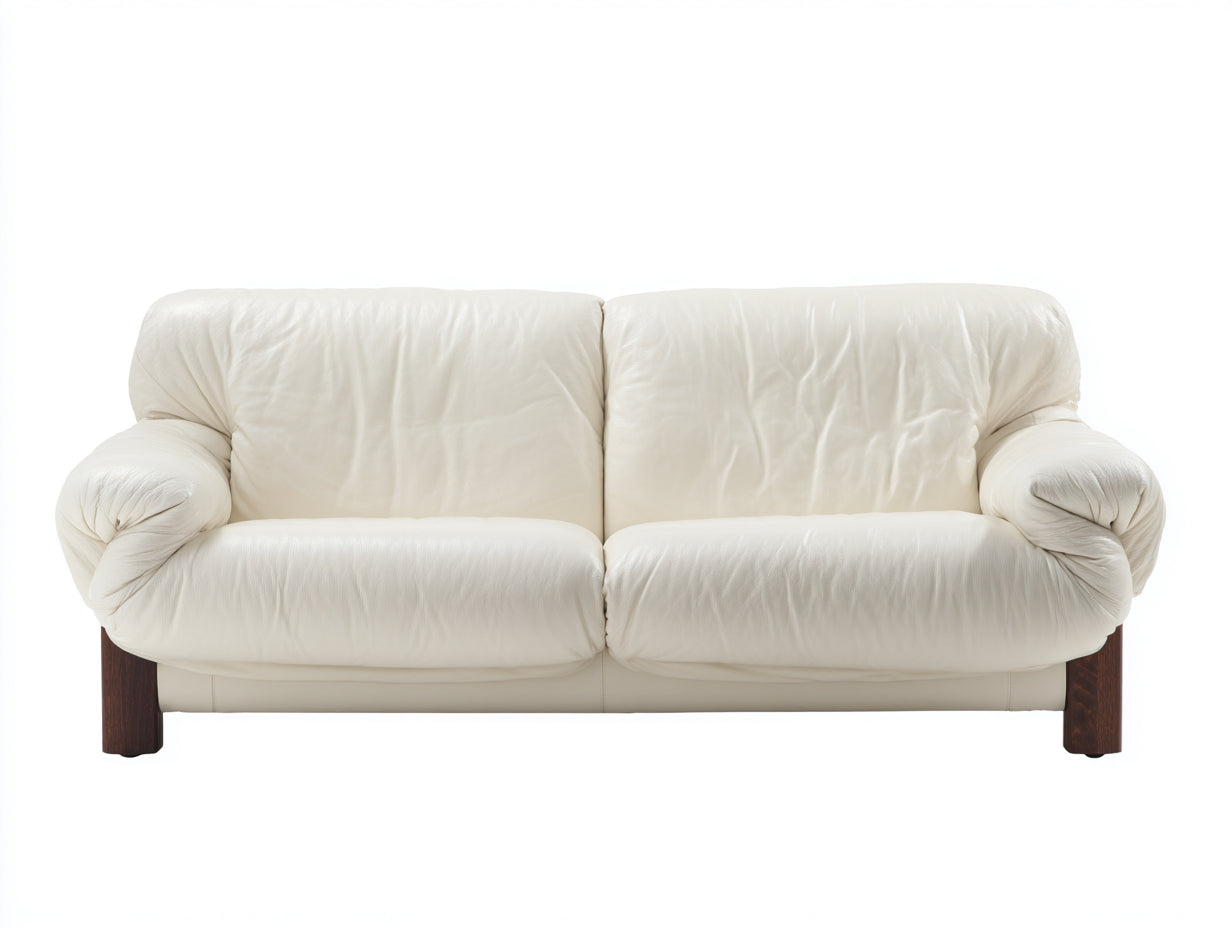 Canapé 2 places - Cuir-Bois - 190 x 98 x 86 cm - Blanc cassé - Style contemporain