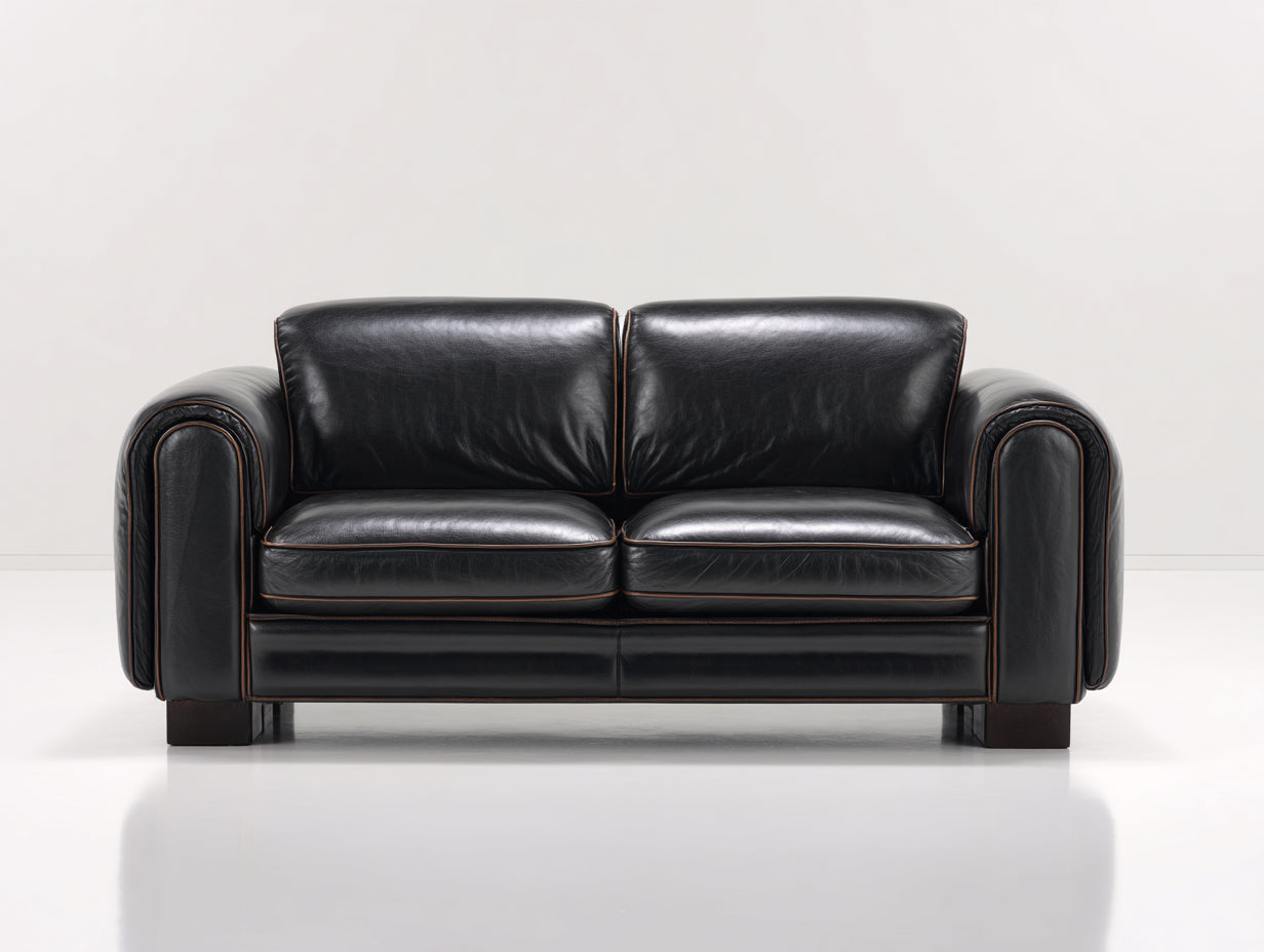 Canapé 2 places - Cuir-Bois - 180 x 94 x 85 cm - Noir - Style contemporain