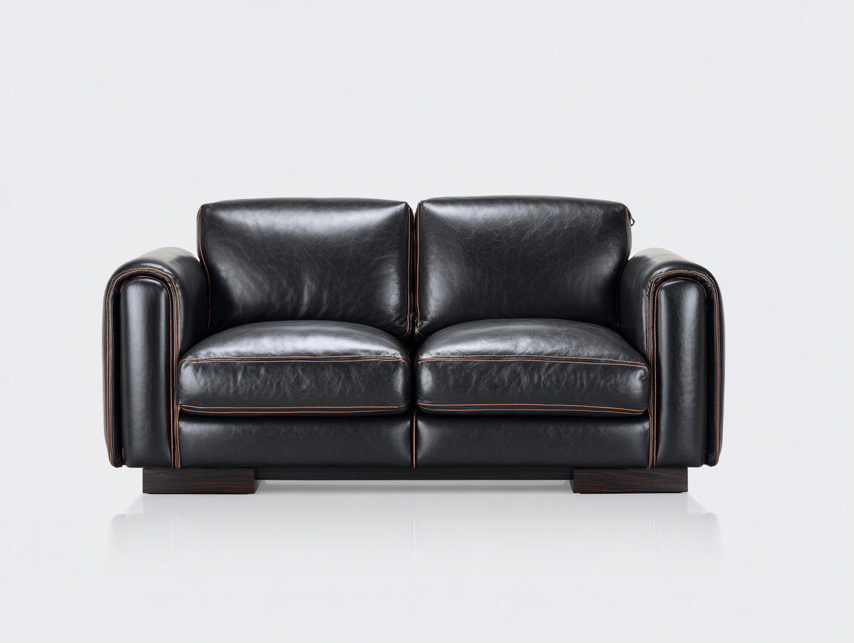 Canapé 2 places - Cuir-Bois - 175 x 93 x 84 cm - Noir - Style contemporain
