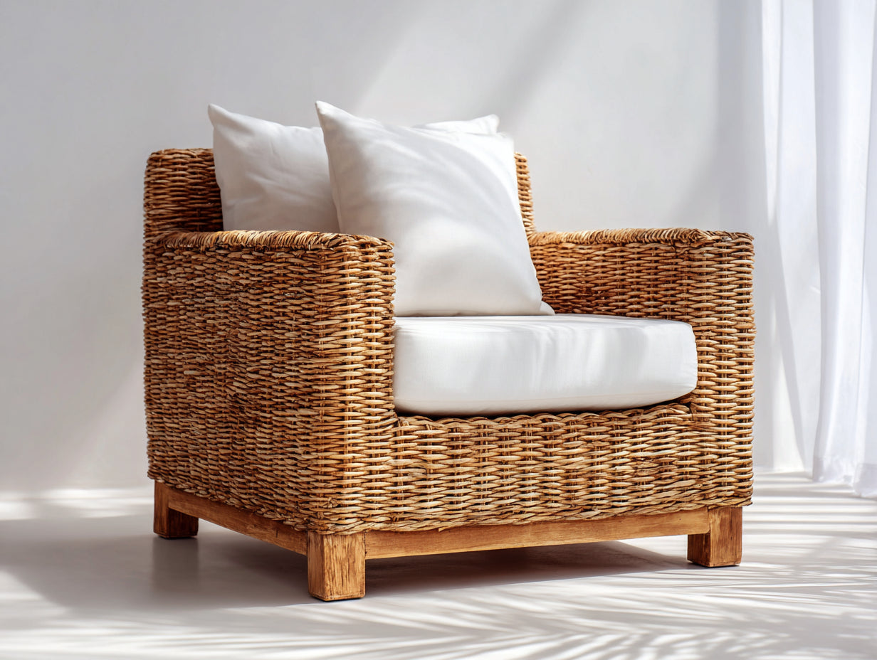 Fauteuil en rotin - Rotin-Tissu-Bois - 95 x 88 x 82 cm - Brun naturel-Blanc - Style rustique
