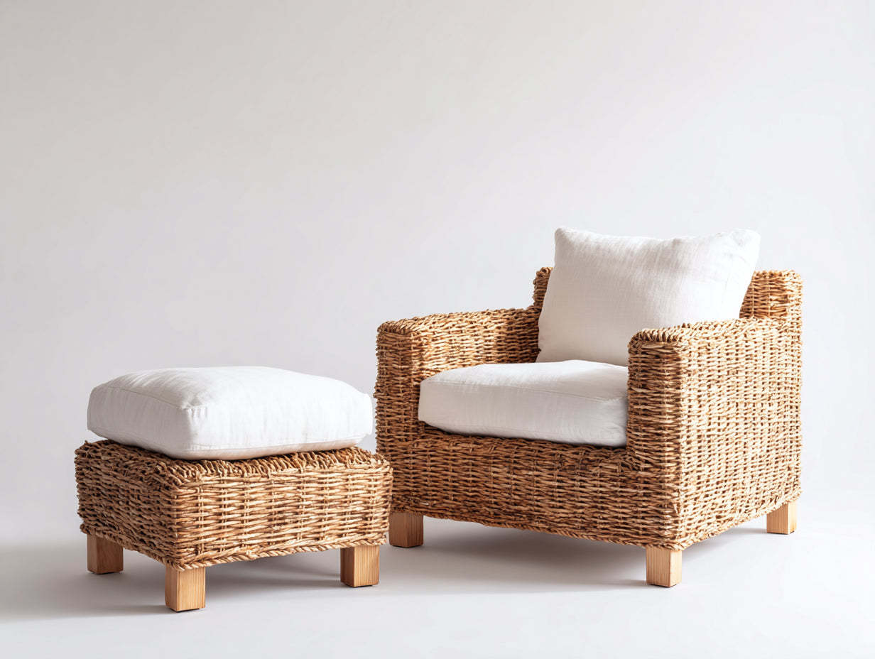 Fauteuil en rotin - Rotin-Tissu-Bois - 92 x 86 x 84 cm - Naturel-Blanc - Style bohème