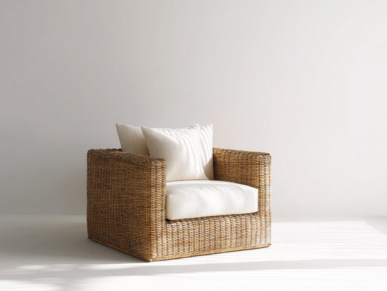 Fauteuil en rotin - Rotin-Tissu - 91 x 87 x 80 cm - Naturel-Écru - Style contemporain