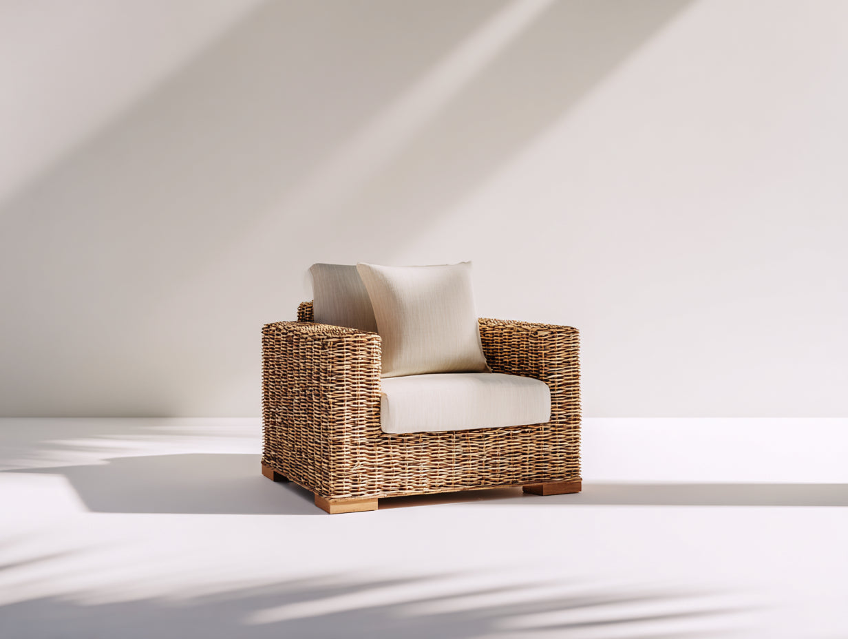 Fauteuil en rotin - Rotin-Tissu-Bois - 90 x 85 x 82 cm - Brun naturel-Ivoire - Style chaleureux