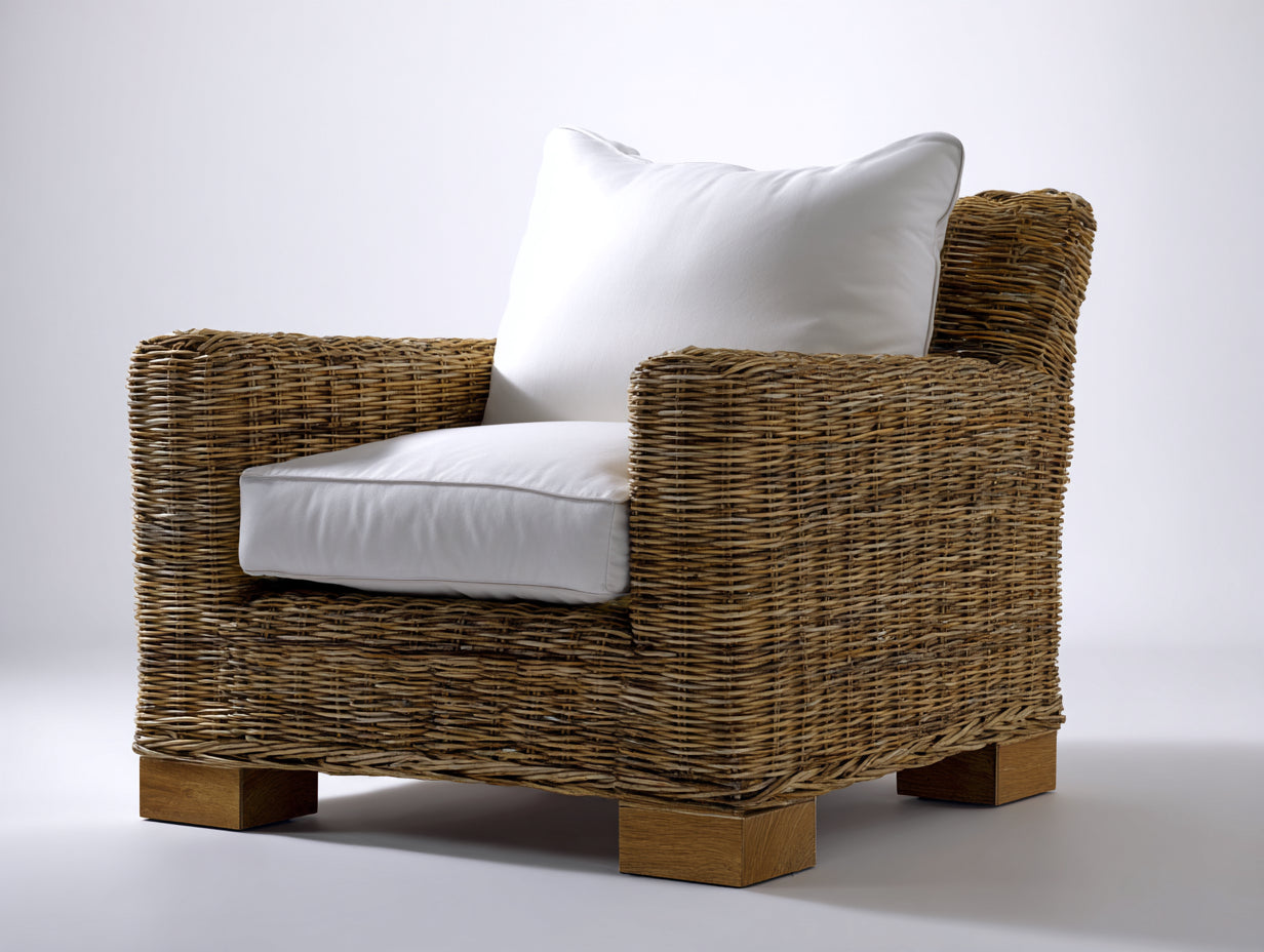 Fauteuil en rotin - Rotin-Tissu-Bois - 92 x 89 x 88 cm - Taupe naturel-Blanc - Style artisanal